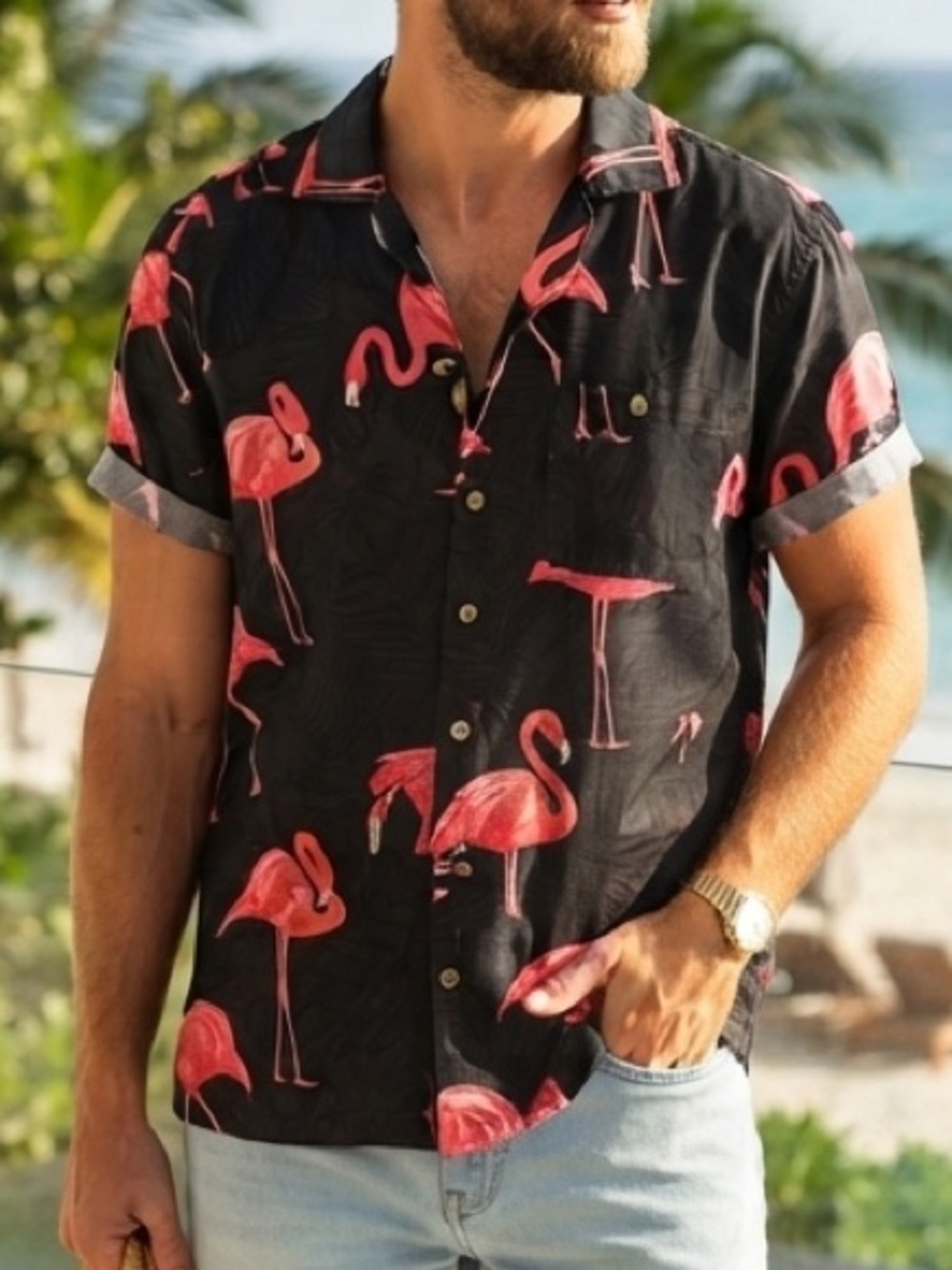 Uzzi Amphibious Gear Men's Flamingo Print Hawaiian Camp Shirt NEW!